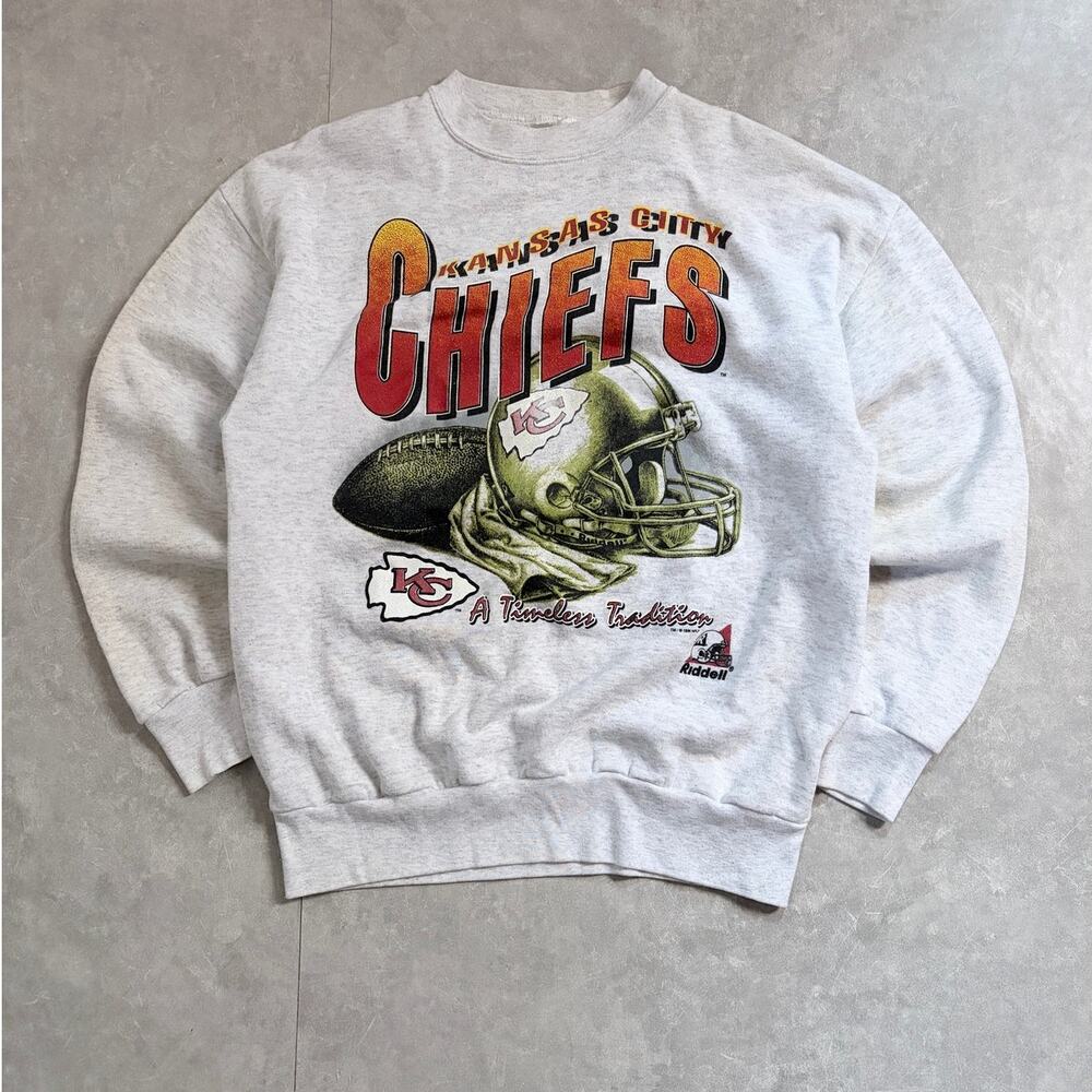 90s Vintage Kansas City Chiefs Riddell Big Print Heather Grey Crewneck -L